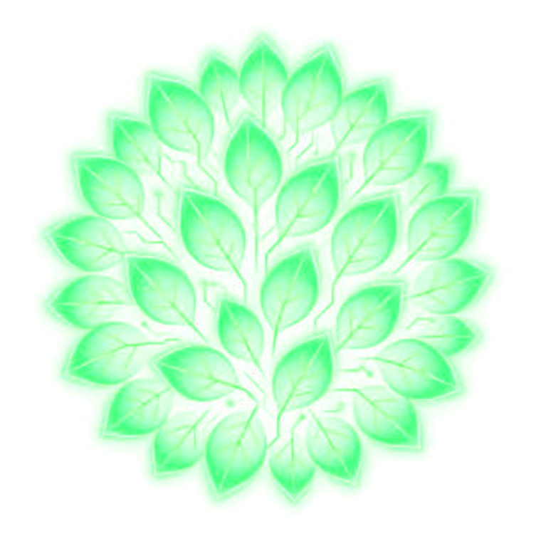 A glowing canopy of circuit-veined leaves forming an orb